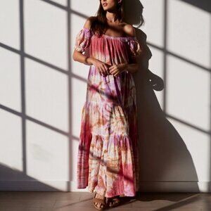 YOUNG FABULOUS & BROKE Tie-Dye Smocked Maxi Bohemian Boho Puffed sleeves Pink XS